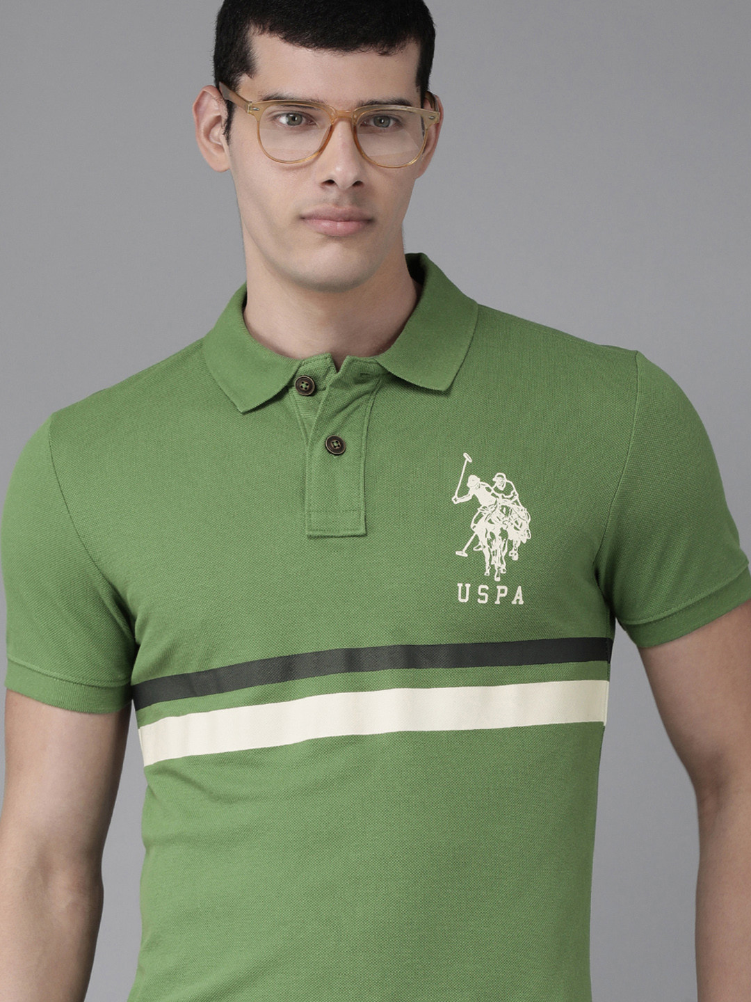 U S Polo Assn Denim Co Men Green Striped Polo Collar Slim Fit T-shirt