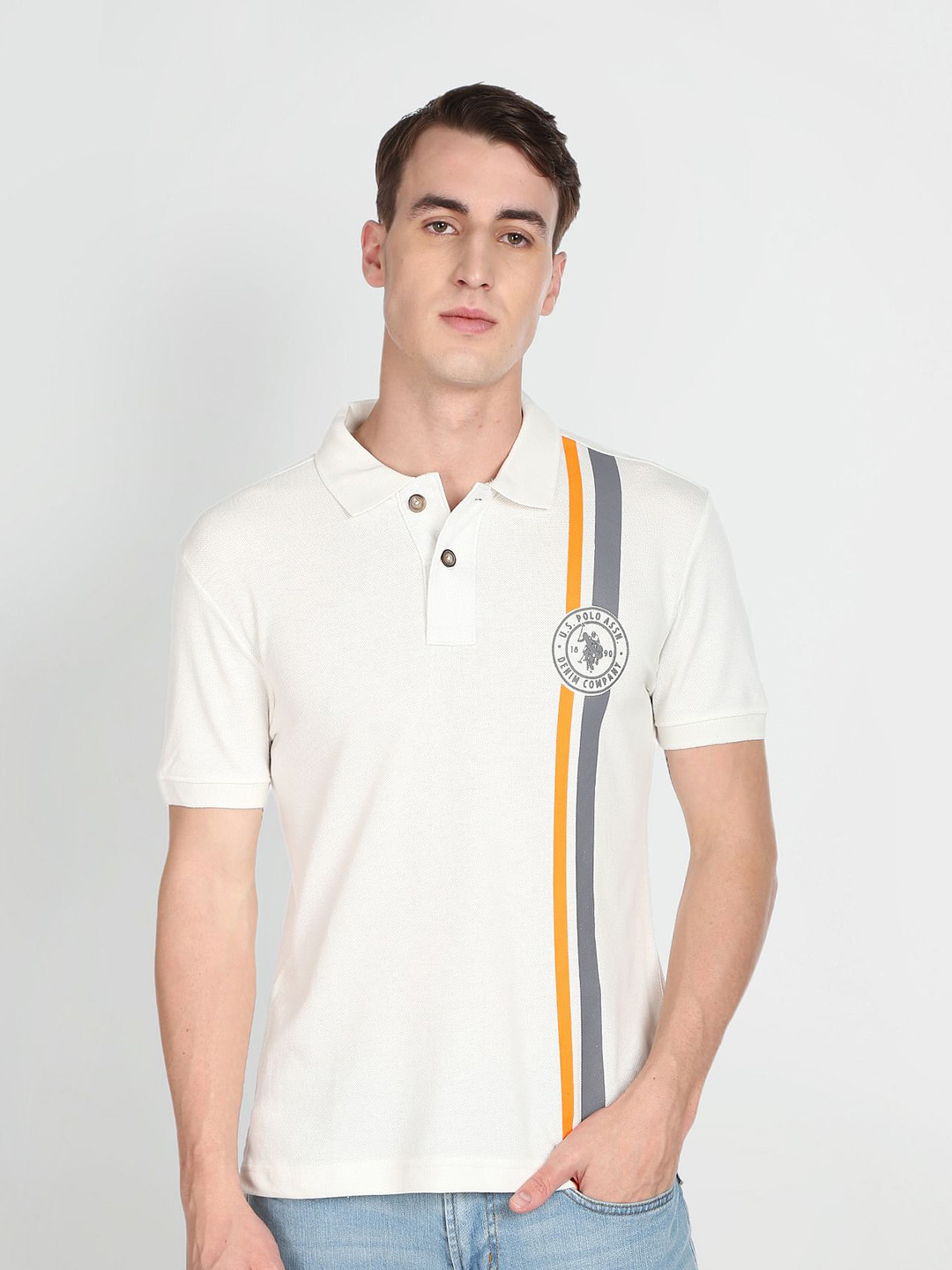 U S Polo Assn Denim Co Men White Striped Polo Collar Slim Fit T-shirt