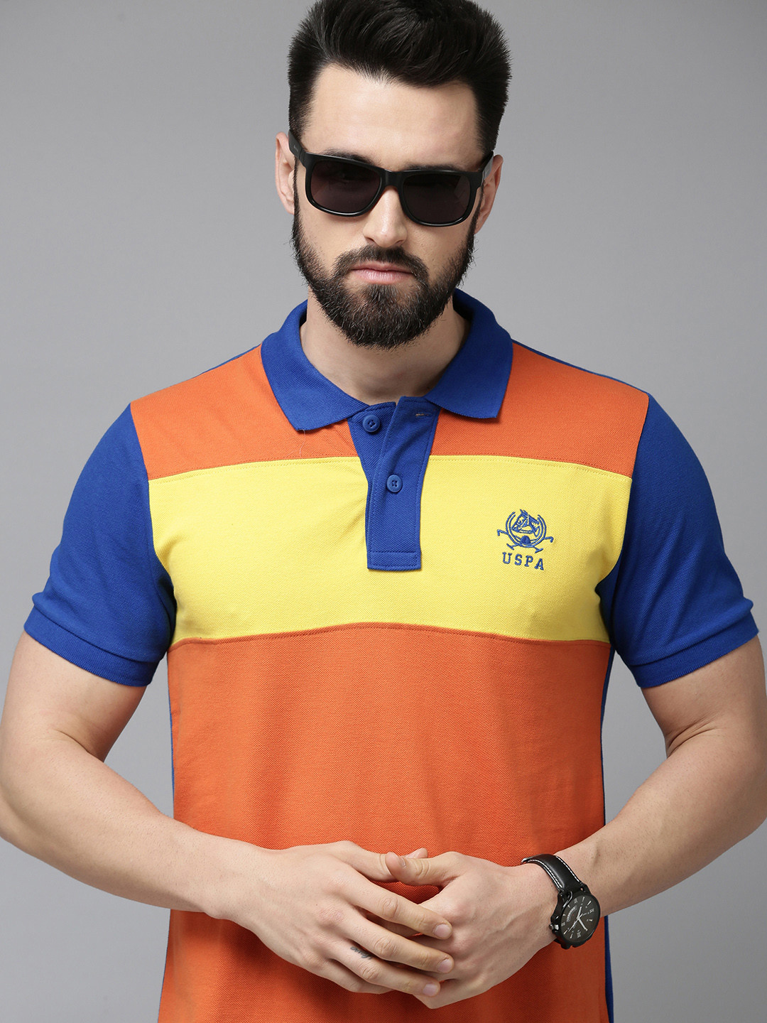 U S Polo Assn Men Orange & Yellow Colourblocked Polo Collar Slim Fit Pure Cotton T-shirt