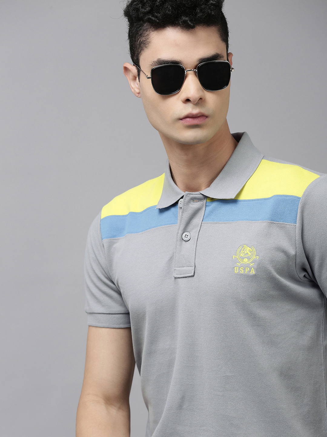 U S Polo Assn Men Grey Polo Collar Slim Fit Pure Cotton T-shirt