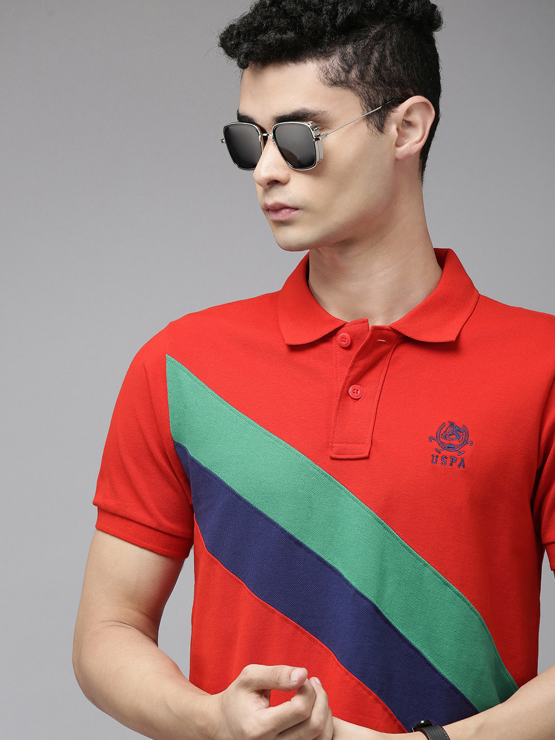U.S. Polo Assn. Men Red & Green Striped Polo Collar Pure Cotton Slim Fit T-shirt