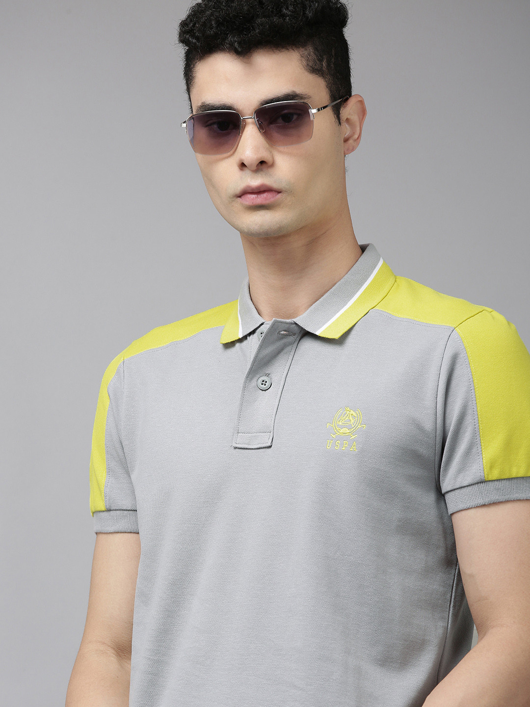 U S Polo Assn Men Grey Polo Collar Pure Cotton Slim Fit T-shirt