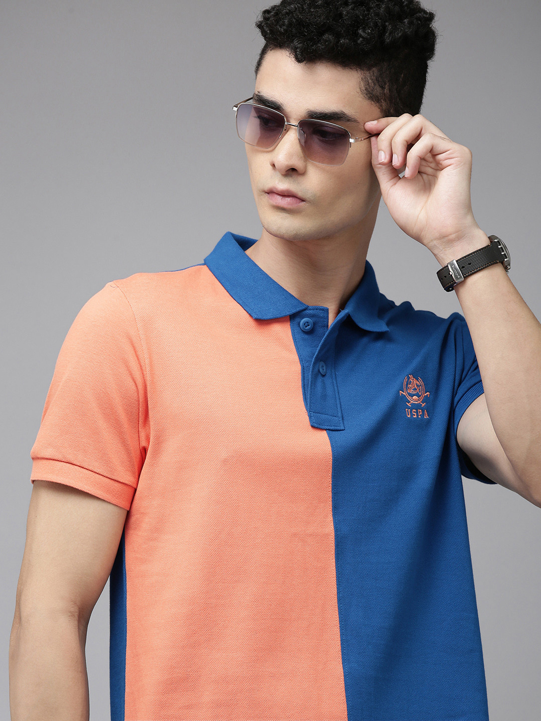 U S Polo Assn Men Blue & Peach-Coloured Colourblocked Polo Collar Pure Cotton Slim Fit T-shirt