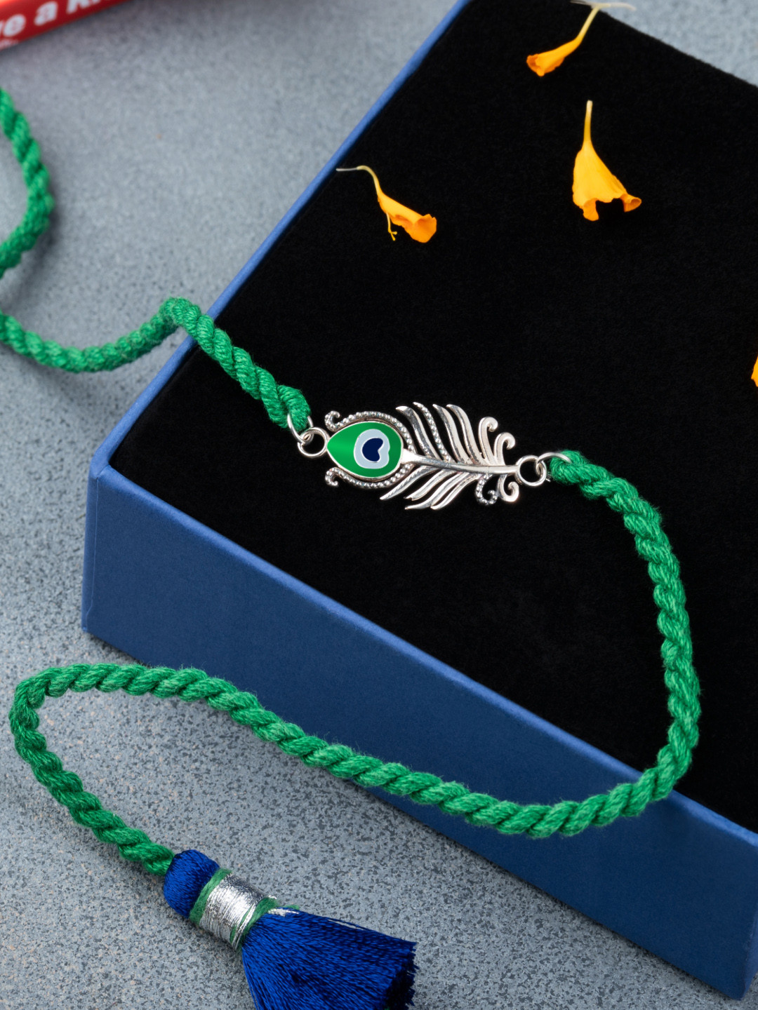 Meenakari Heritage Jewellery Green & Silver-Toned 92.5 Sterling Silver Mor Pankh Rakhi