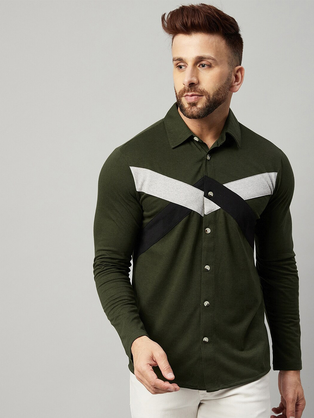 GRITSTONES Men Olive Green  solid Colourblocked Pattern Opaque Casual Shirt
