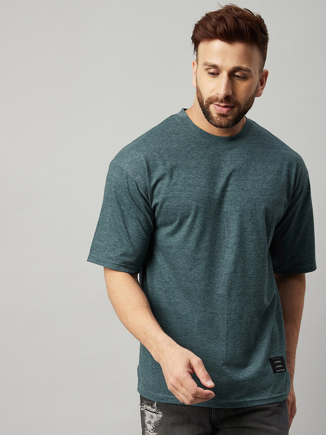 GRITSTONES Men Solid Green Oversized T-shirt