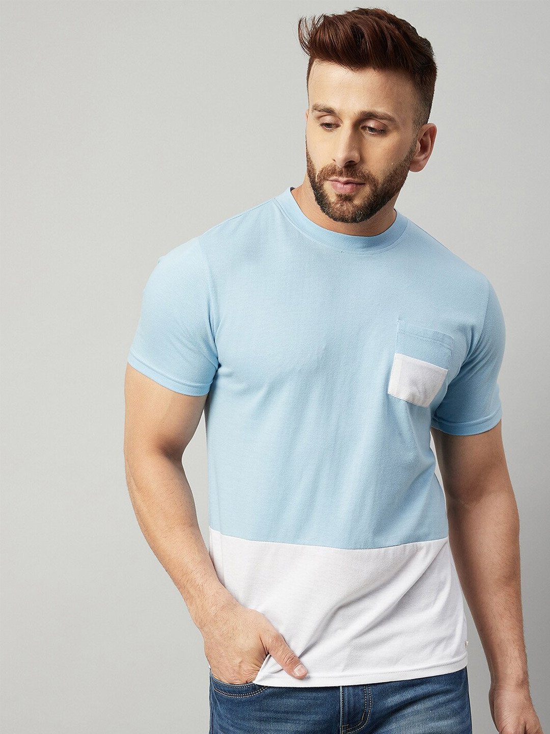 GRITSTONES Men Blue & White Color Blocked T-shirt