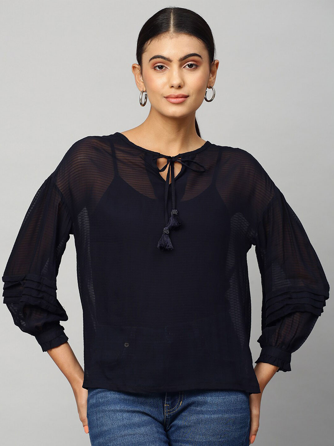 Chemistry Navy Blue Tie-Up Neck Drop Shoulder Top