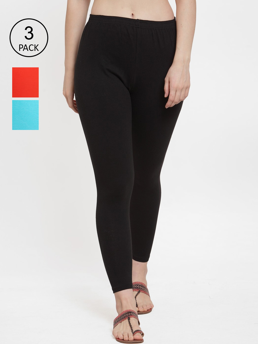 GRACIT Women Black and Orange and Aqua Solid Ankle-Length Leggings