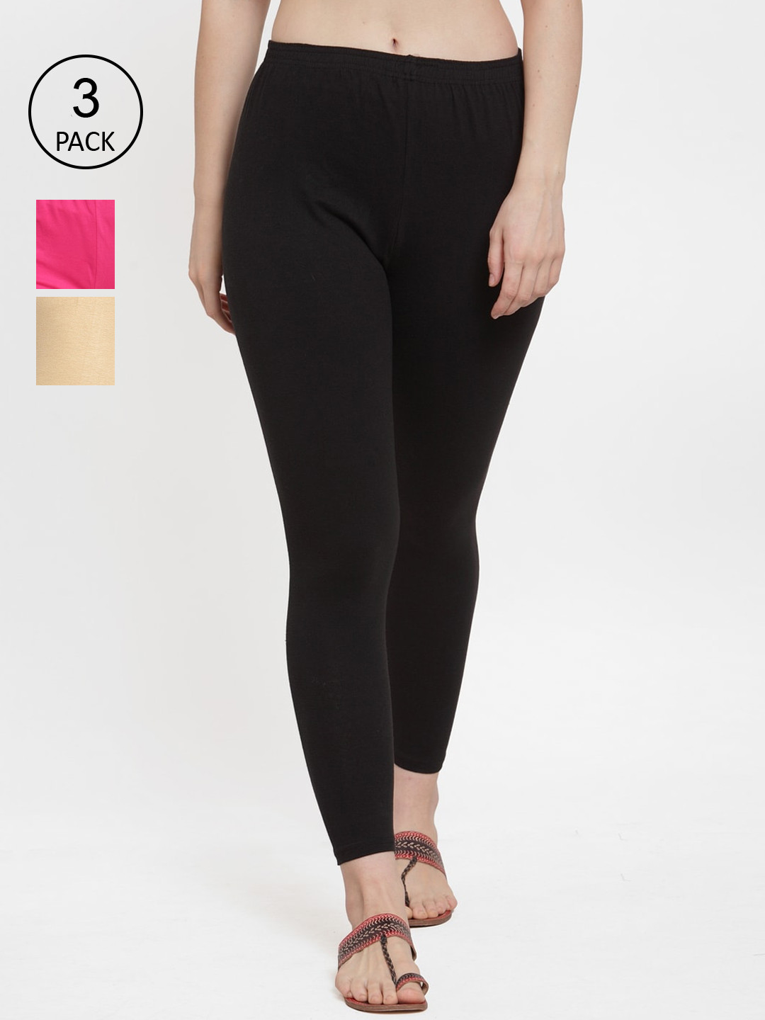 GRACIT  Woman Black & Pink Pack Of 3 Solid Ankle Length Leggings
