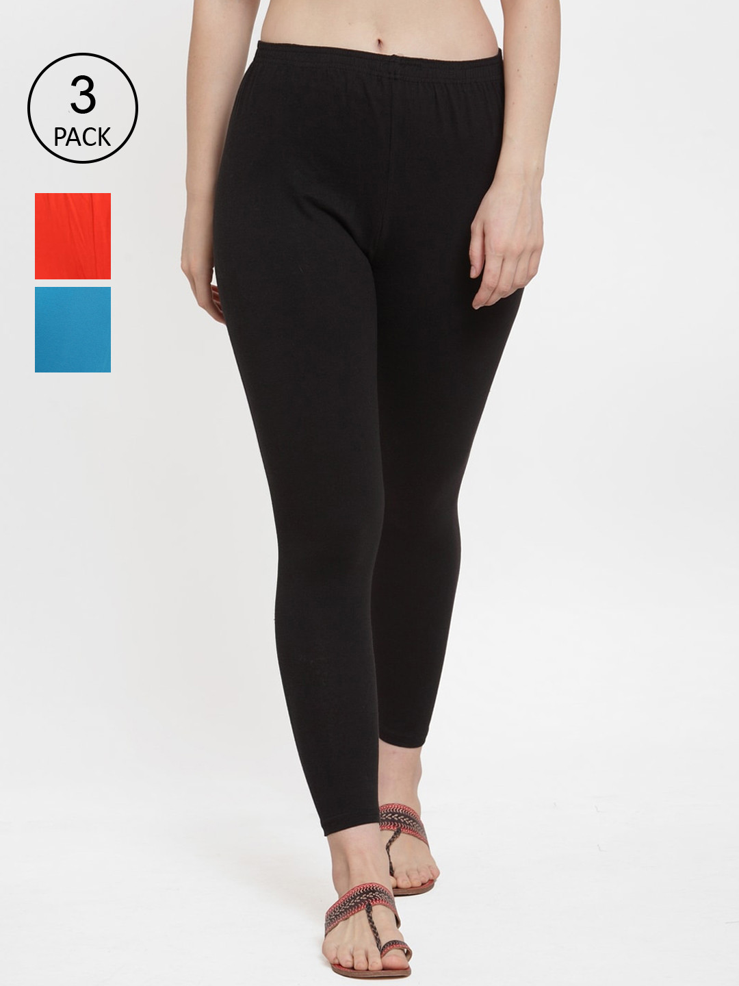 GRACIT Women Black, Orange & Blue Solid Ankle-Length Leggings Pack Of 3
