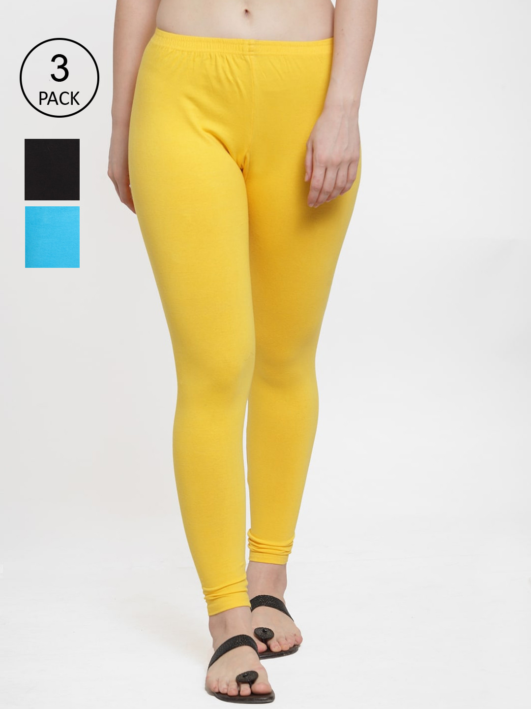 GRACIT Women Pack Of 3 Yellow and Black Solid Ankle Length Leggings