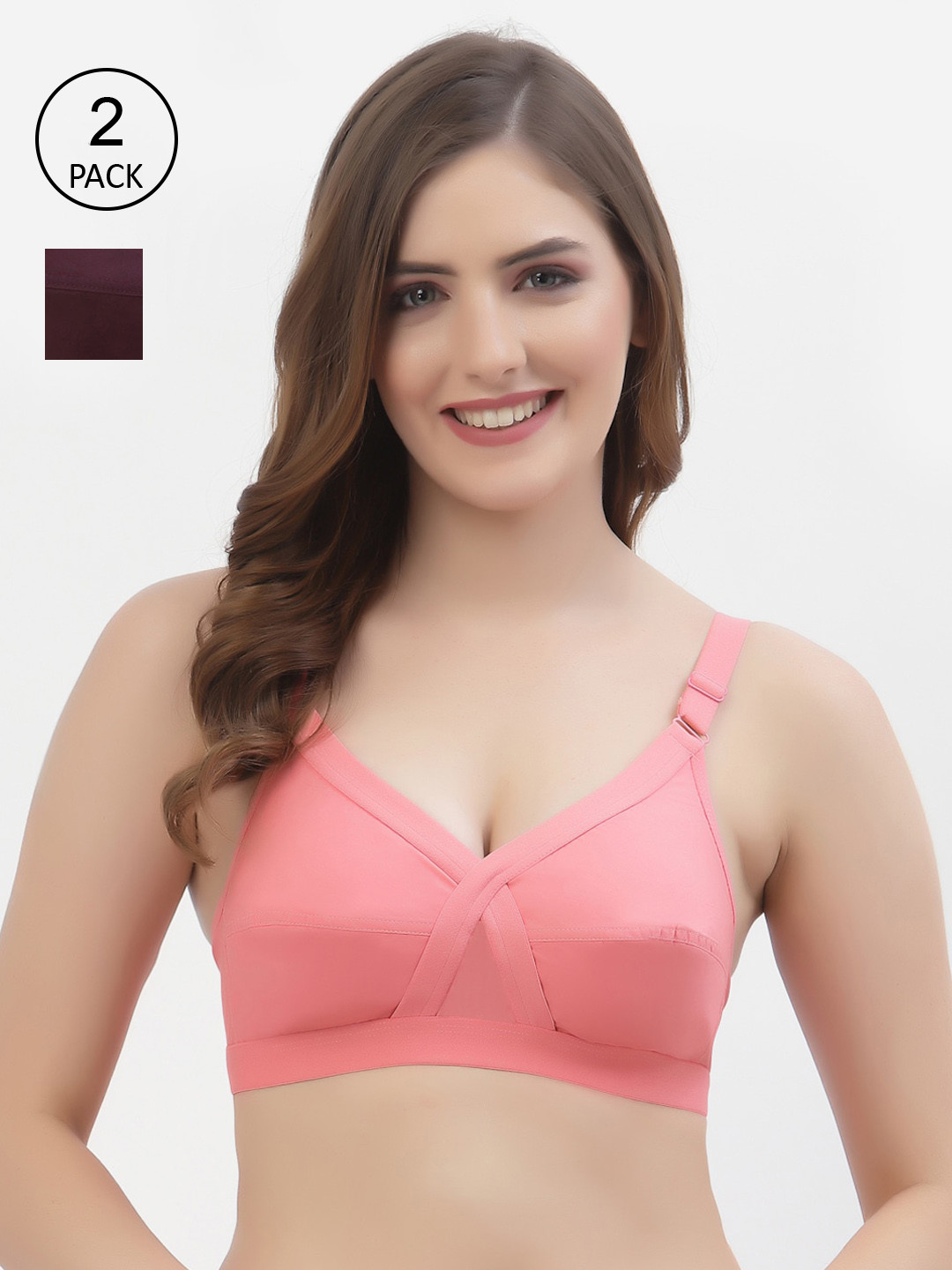 Floret Women Pack Of 2 Rose & Burgundy Non-Wired Cotton Bra
