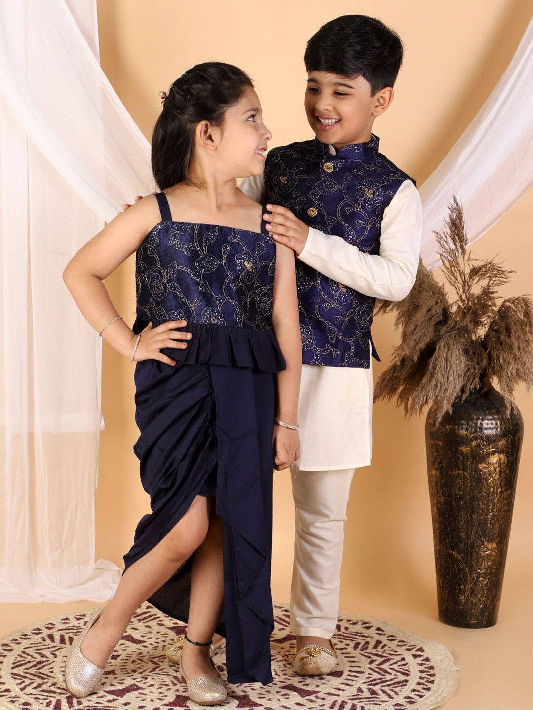 VASTRAMAY Girls Navy Blue Embroidered Sequinned Ready to Wear Lehenga