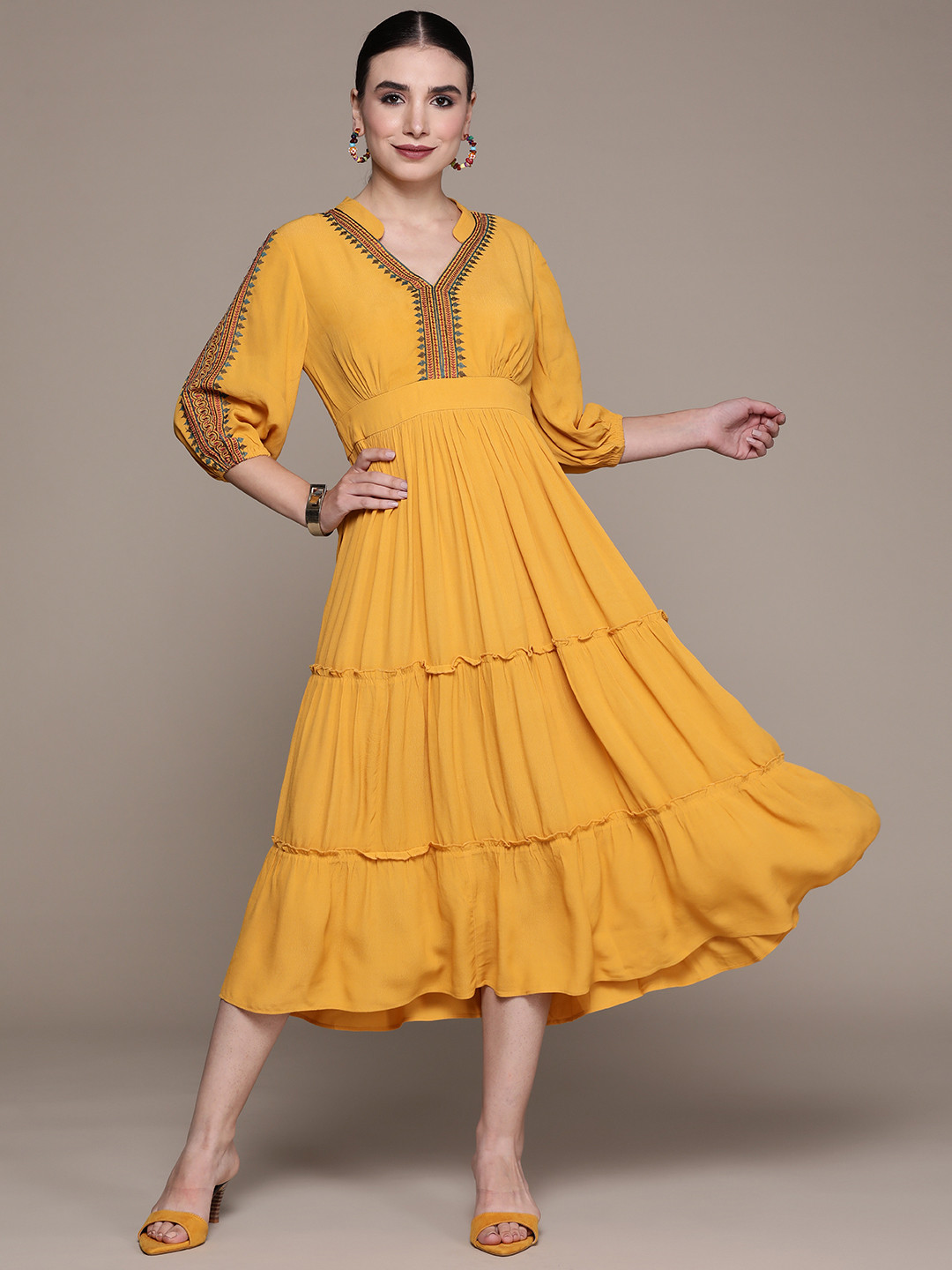aarke Ritu Kumar Mustard Yellow Yoke Embroidered Midi Ethnic Dress