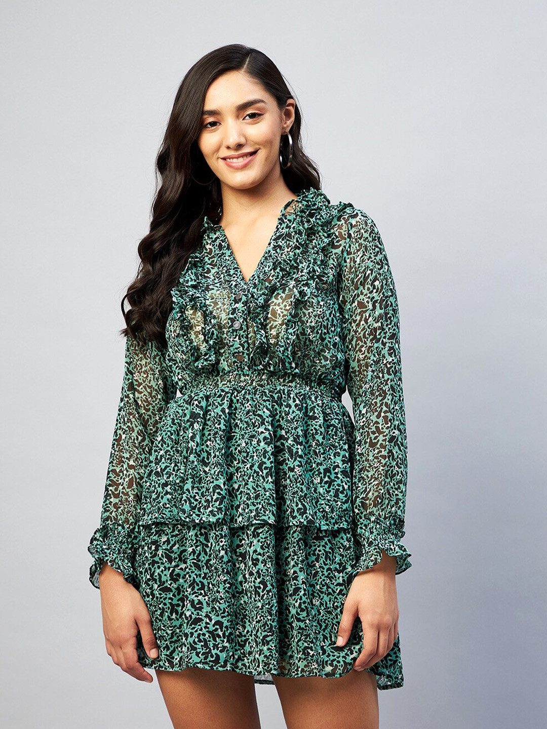 DELAN Green Floral Georgette Mini Dress