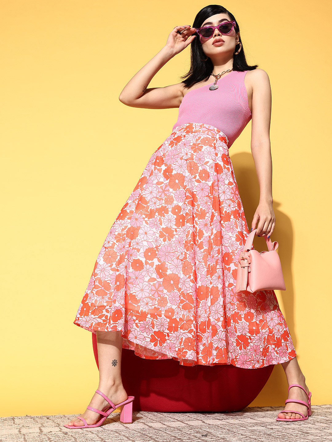 SASSAFRAS Pink & Orange Floral Flared Midi Skirt