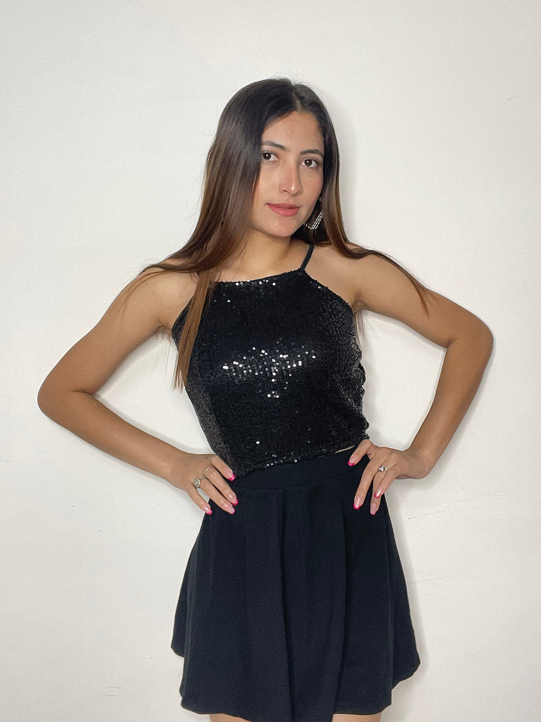 SASSAFRAS Black Sequin Embellished Net Strappy Crop Top