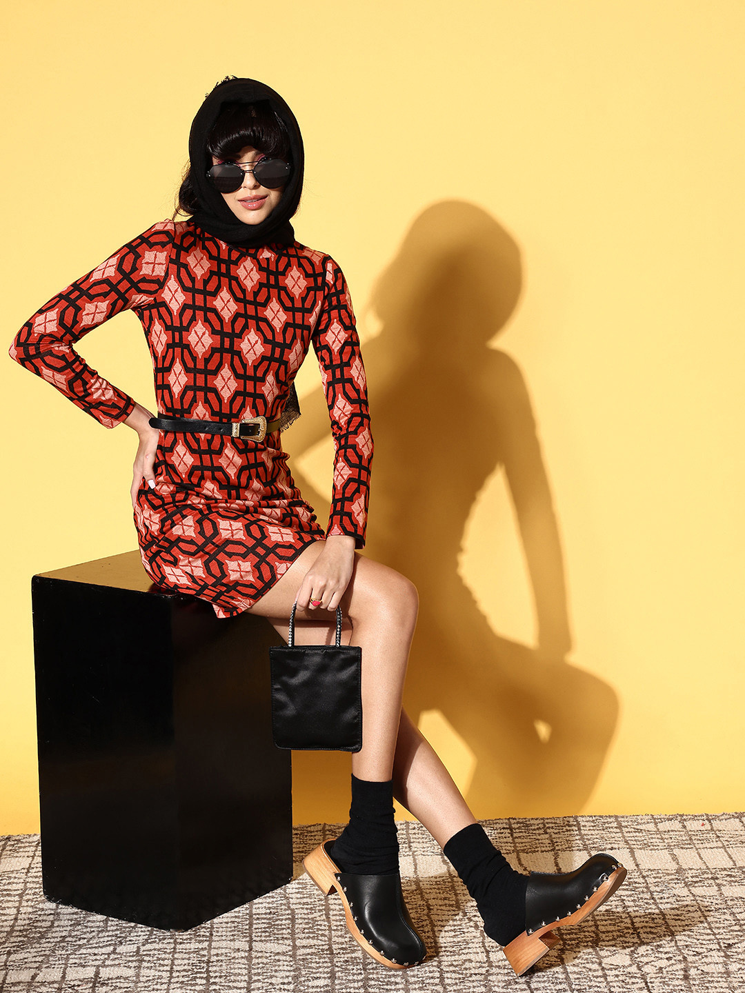 SASSAFRAS Women Red Geometric Simply Mini Dress