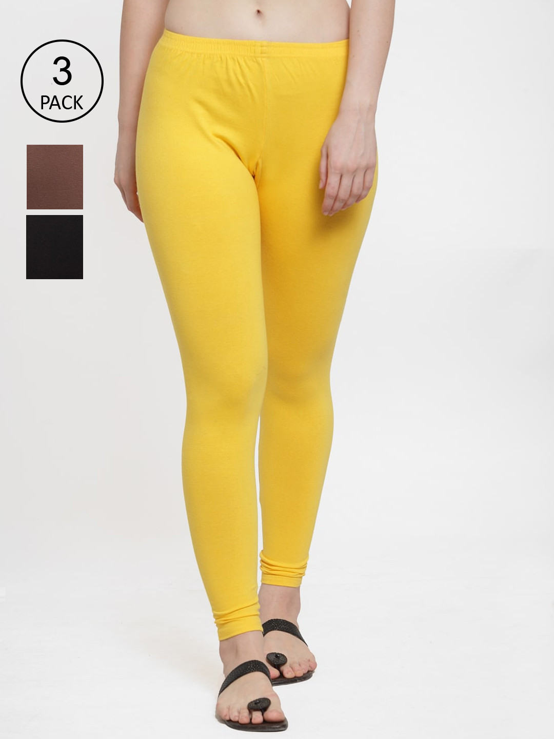Jinfo Women Black and Yellow and Brown Cotton Ankle-Length Leggings