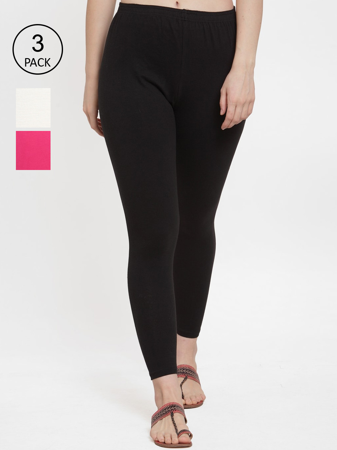 Jinfo Women Black and Pink and Off White Ankle-Length Leggings