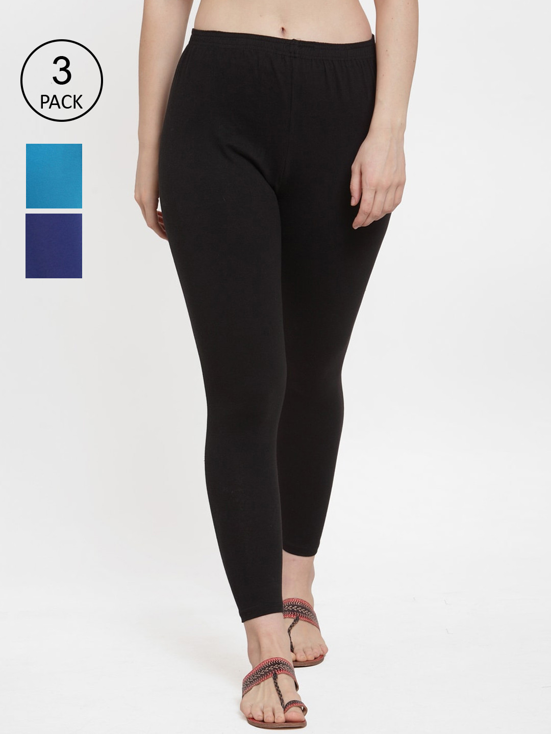 Jinfo Women Pack Of 3 Black and Blue Solid Ankle-Length Leggings