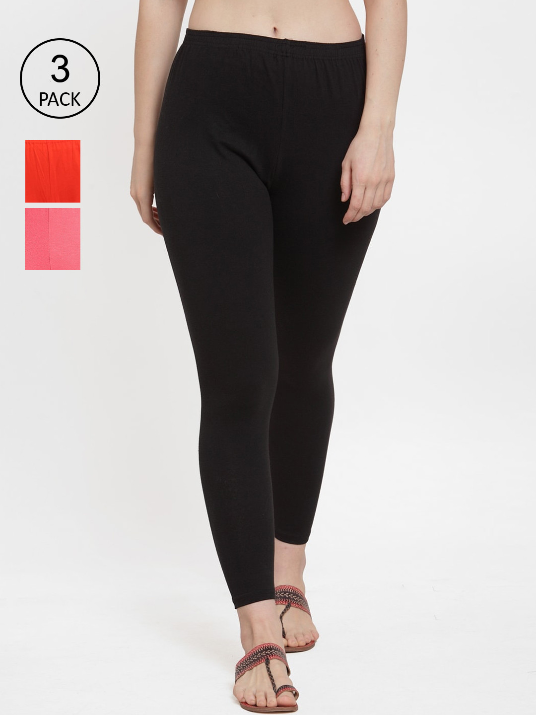 Jinfo Women Pack Of 3 Black & Peach Colored Solid Ankle Length Leggings