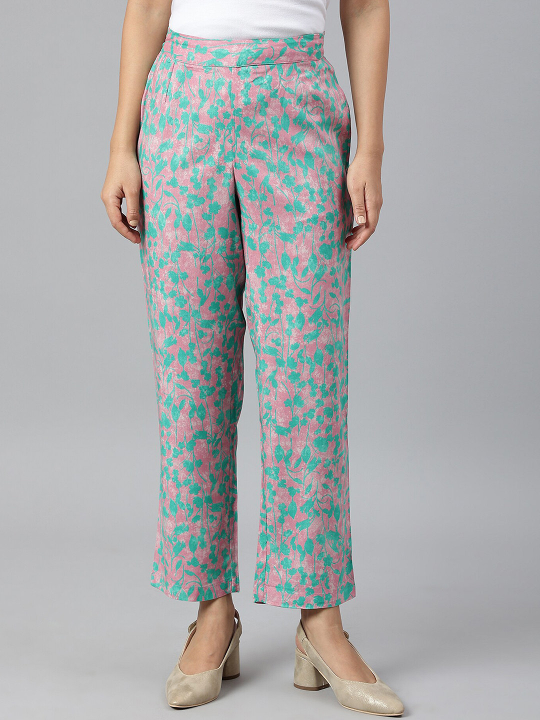 W Women Purple Floral Print Textured Trousers