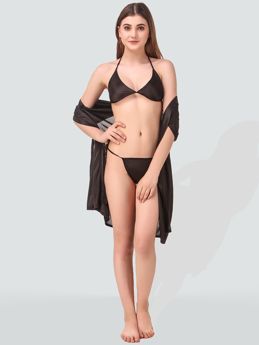 Romaisa Women Black Satin Solid Above knee length Robe with Bra and Thong