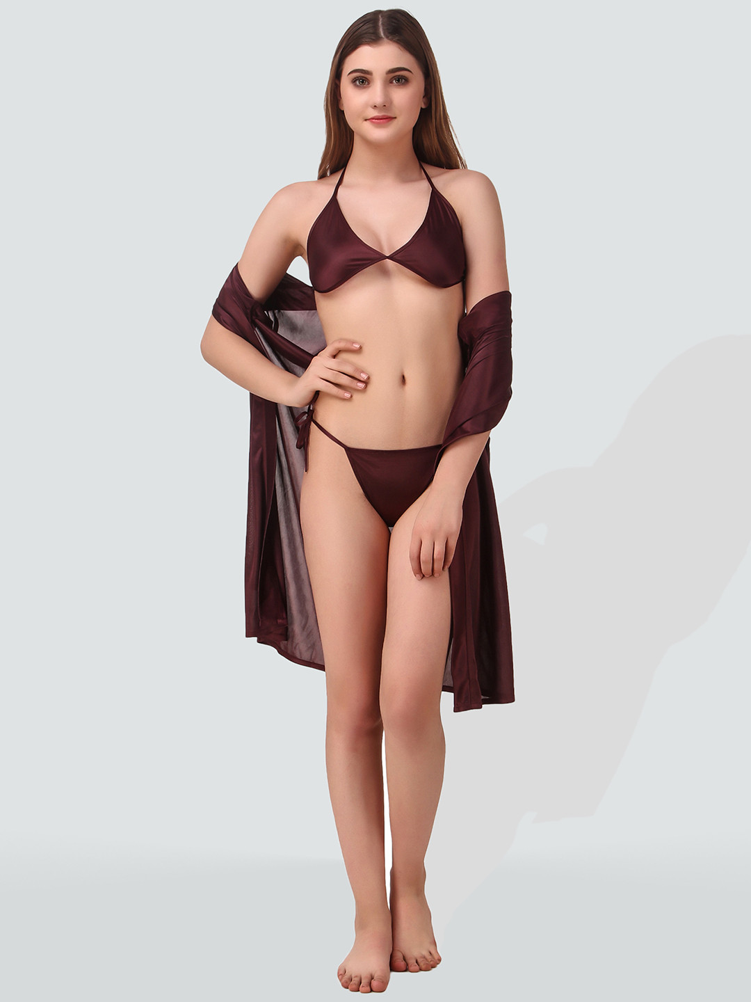 Romaisa Brown Baby Dolls With Lingerie Set -3PC303-312-Brown