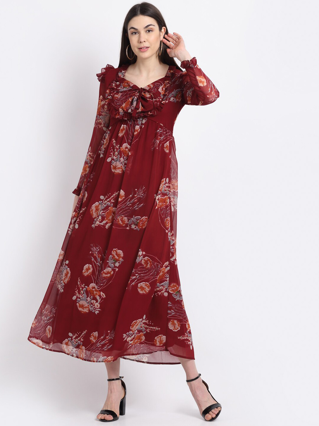 La Zoire Maroon Floral Tie-Up Neck Georgette A-Line Midi Dress