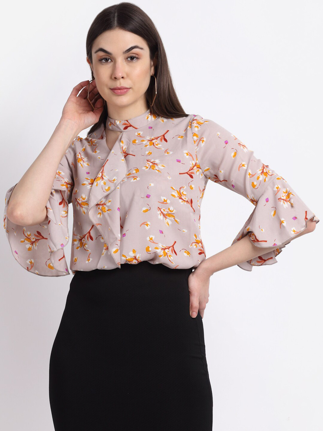 La Zoire Brown Floral Print Ruffles Georgette Blouson Top