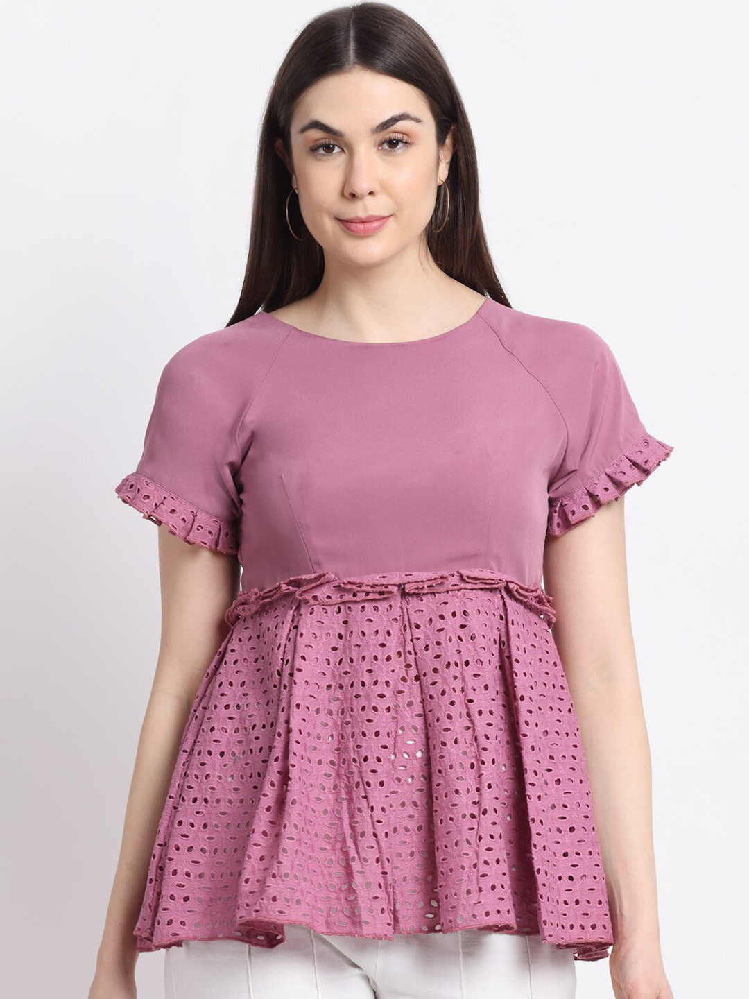 La Zoire Pink Crepe Schiffli Peplum Top