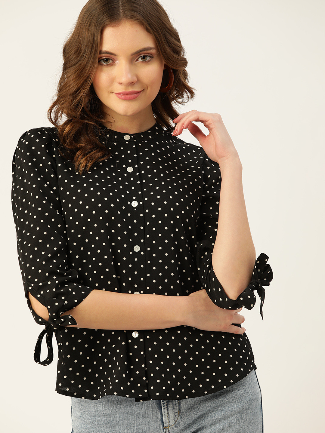 DressBerry Black & White Polka Dots Print Band Collar Monochrome Top