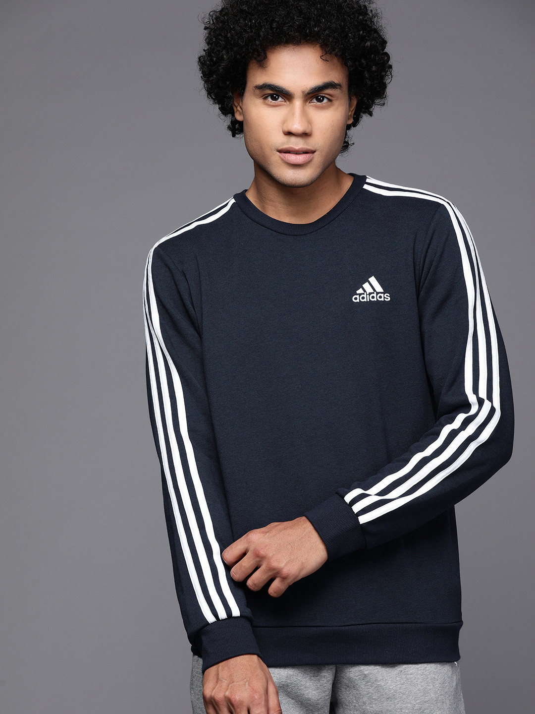 ADIDAS Men Navy Blue 3-Striped FT Sweatshirt
