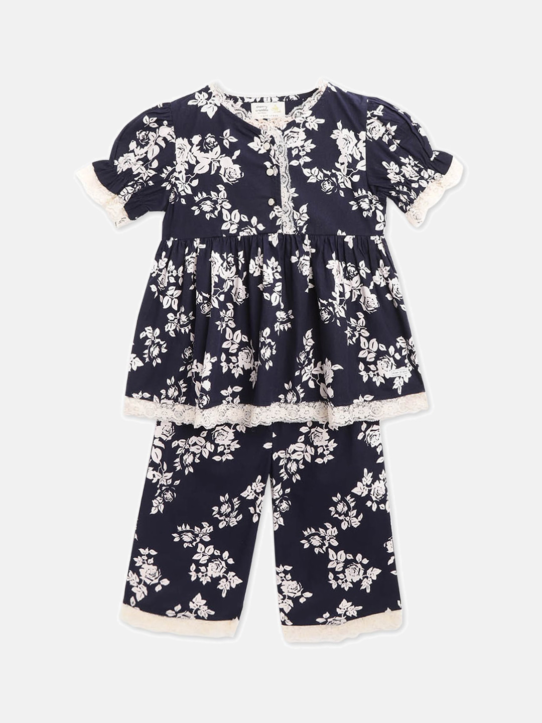 Cherry Crumble Girls Navy Blue & White Printed Night suit