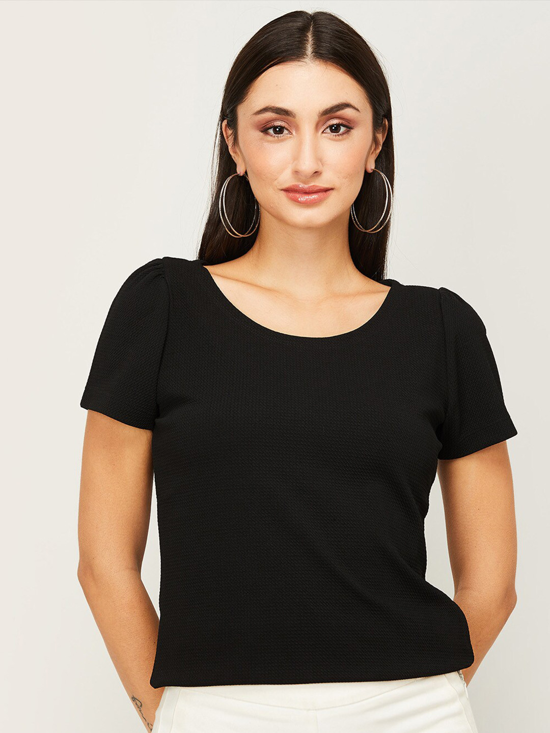 CODE by Lifestyle Black Solid Round Neck Top