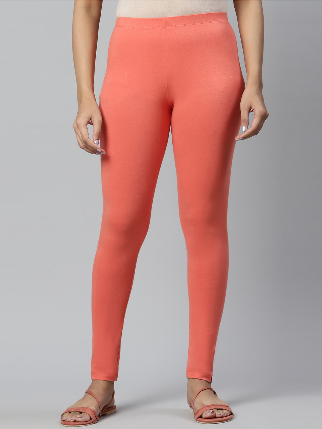 AURELIA Women Peach-Coloured Solid Ankle Length Leggings