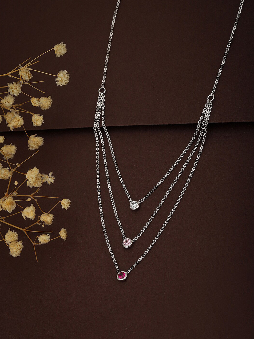 VANBELLE Silver-Toned & Red Sterling Silver Rhodium-Plated Layered Necklace