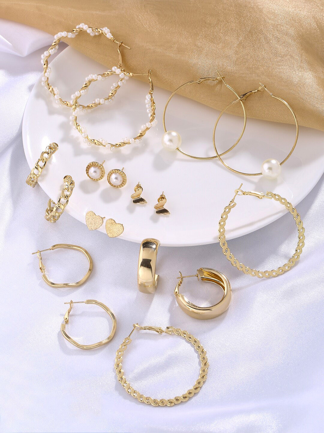 kashwini Women Gold-Toned & White Contemporary Studs & Hoop Set Of 9 Earrings