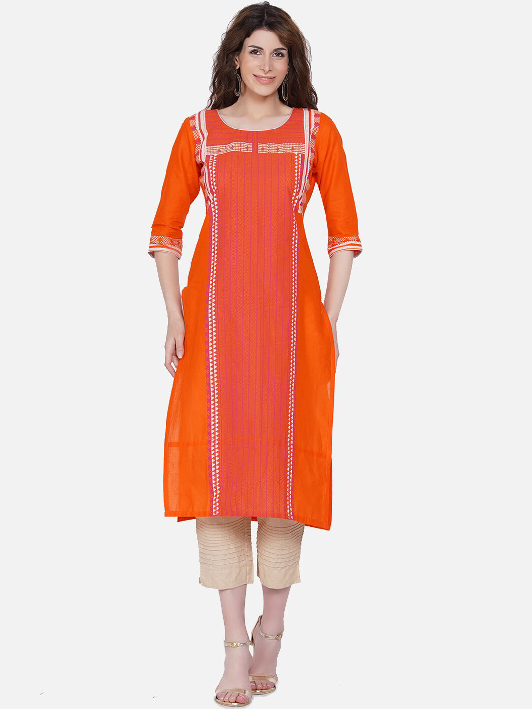 RIYA Women Orange Yoke Design Thread Work Block Print Kurta