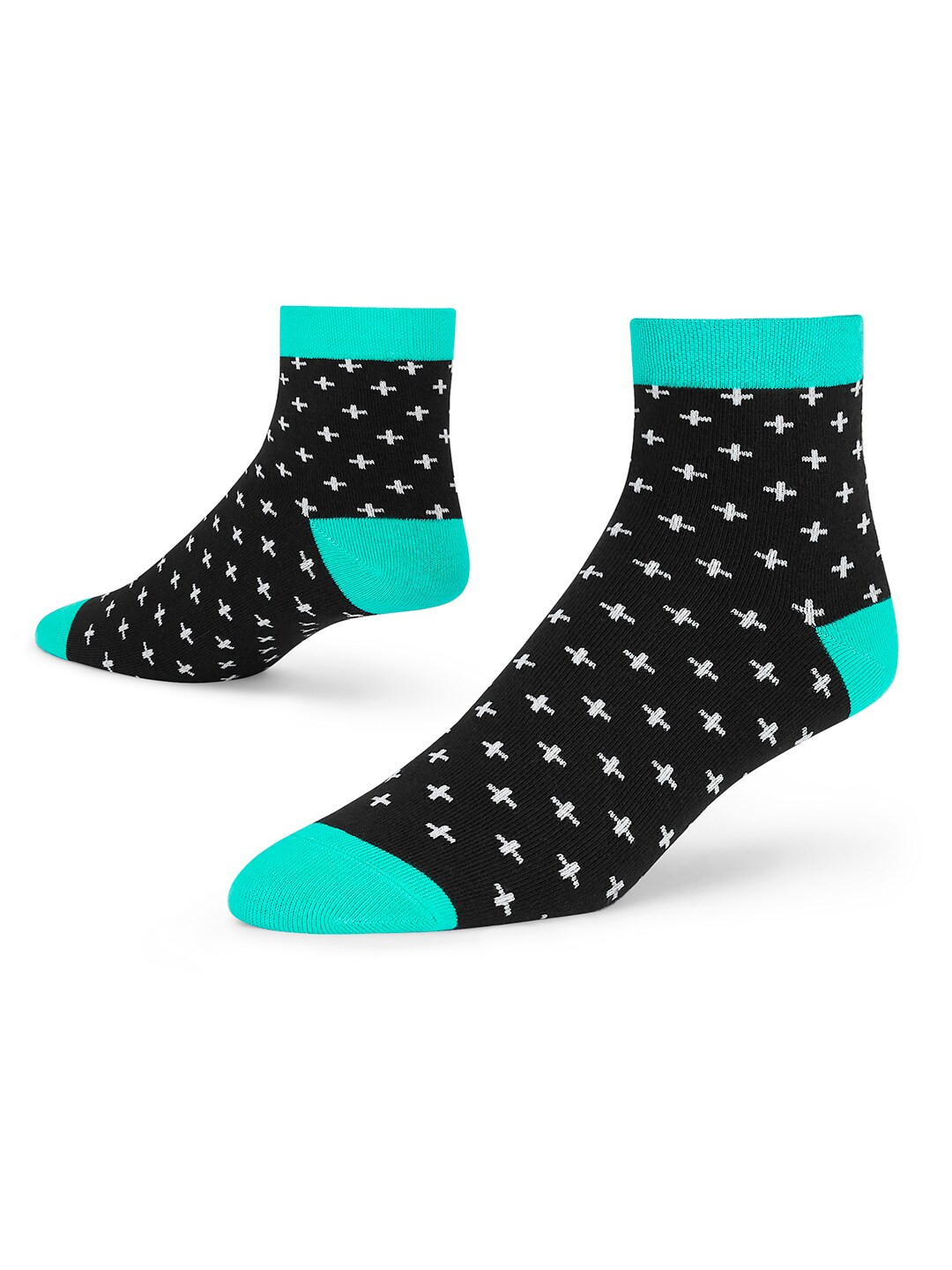 Dynamocks Unisex Black & Sea Green Patterned Ankle-Length Cotton Socks