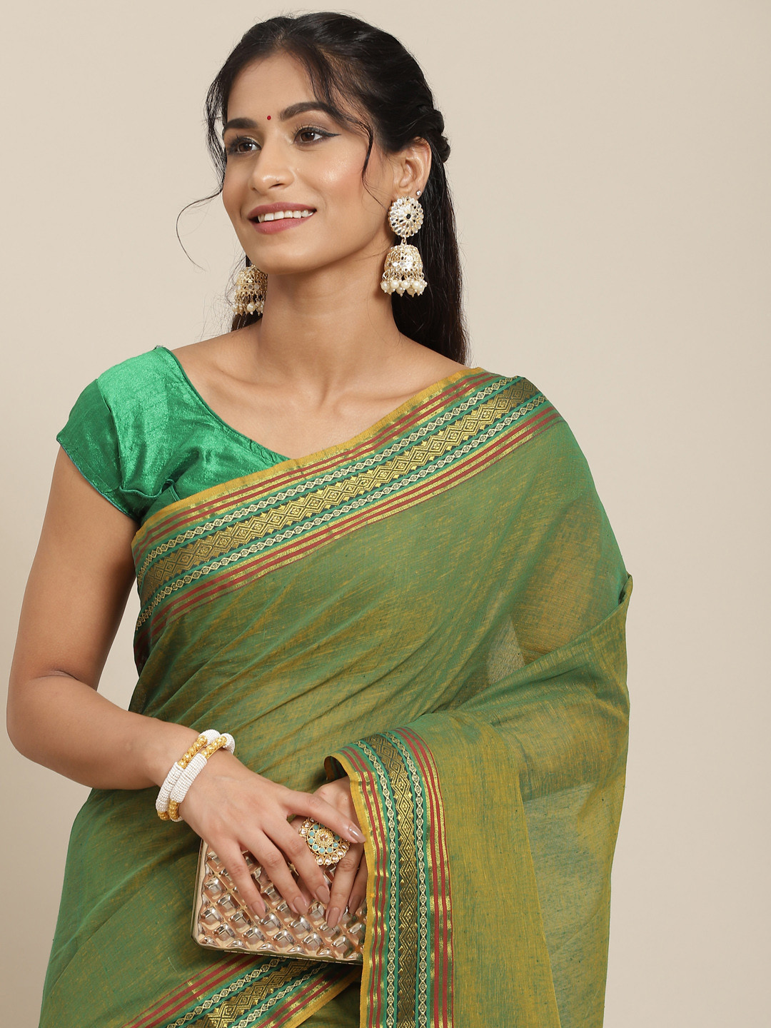 Ishin Green & Gold-Toned Zari Saree with Woven Border