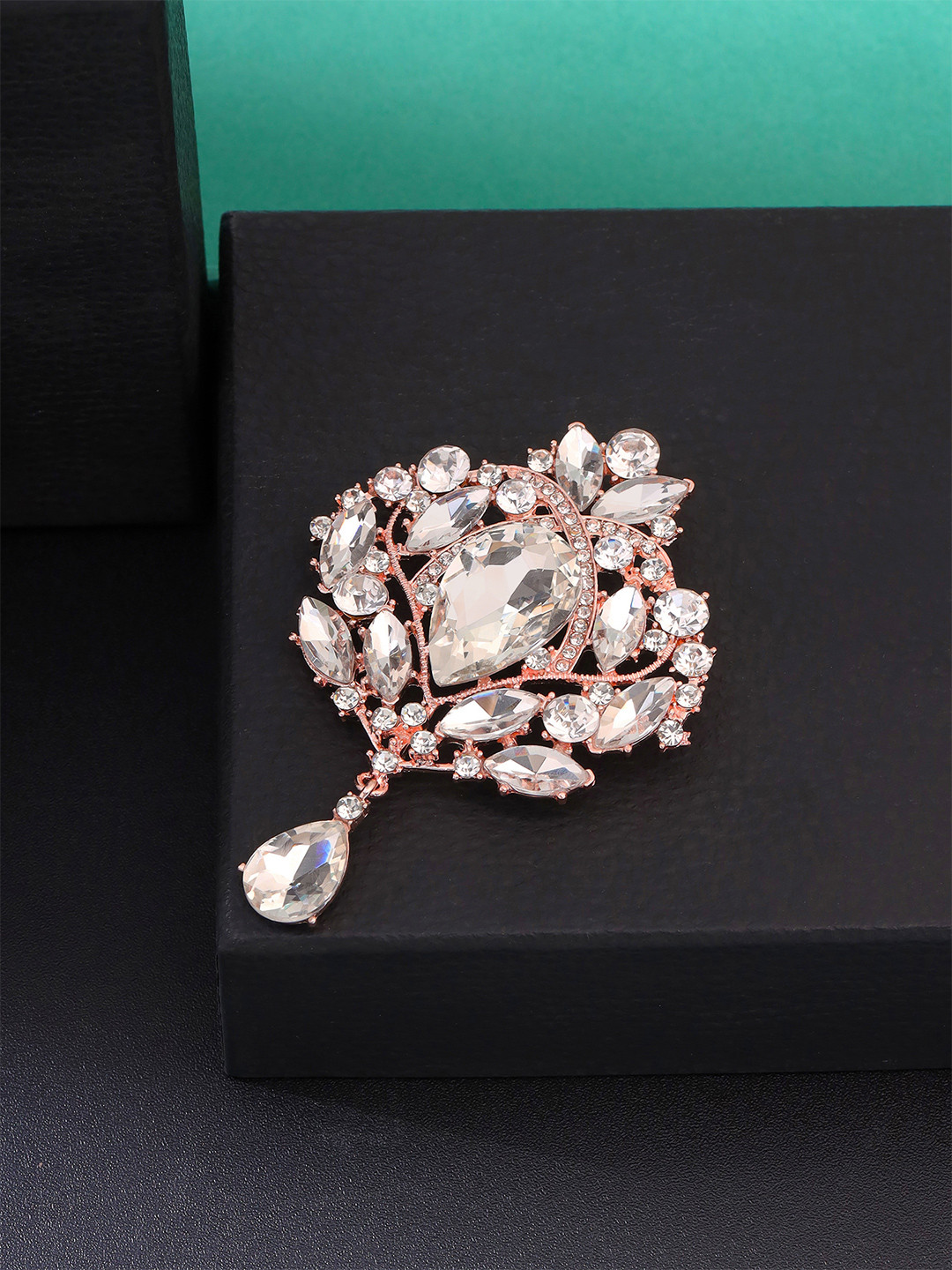 Yellow Chimes Rose Gold Coloured & White Crystal Studded Floral Designed Brooch