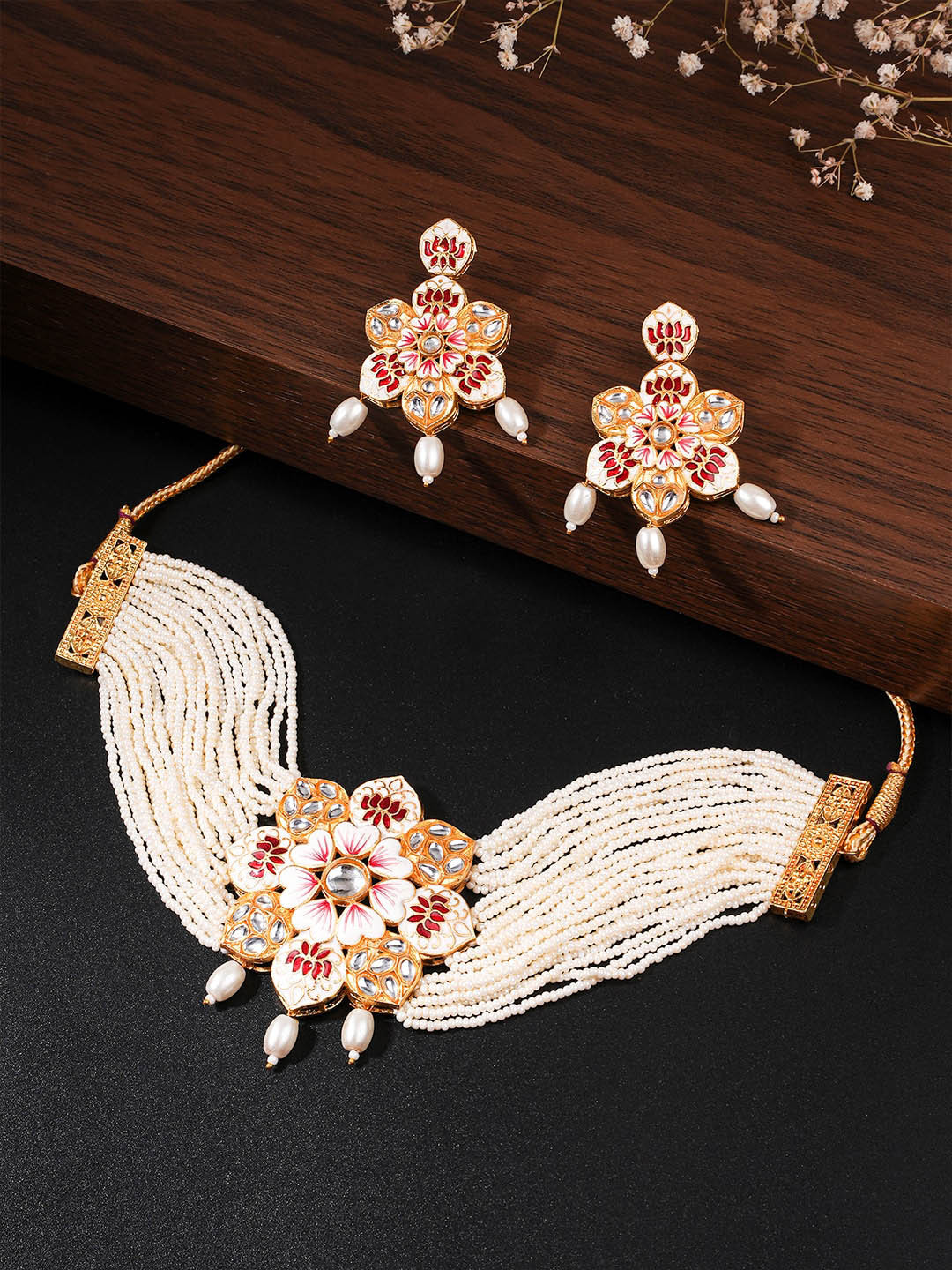 Yellow Chimes Gold-Plated & White Kundan-Studded Pearl Beaded Meeanakari Choker Jewellery Set