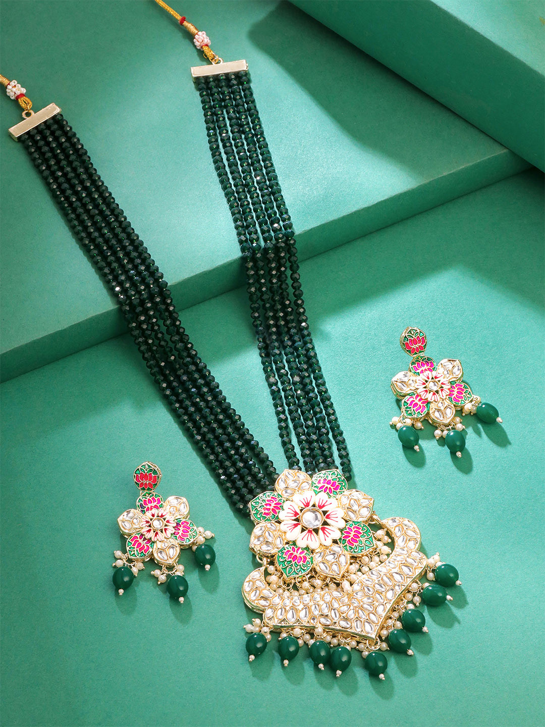 Yellow Chimes Gold-Plated Green & White Kundan Studded & Beaded Charm Jewellery Set