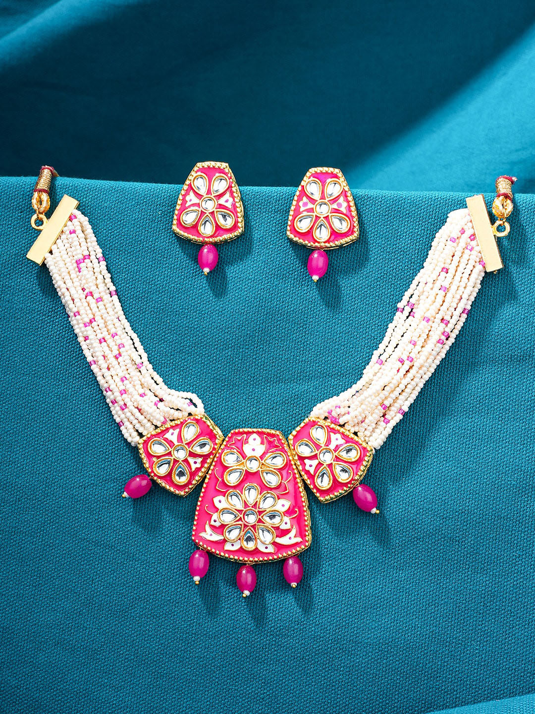 Yellow Chimes Gold-Plated Pink & White Kundan Stone Studded Jewellery Set
