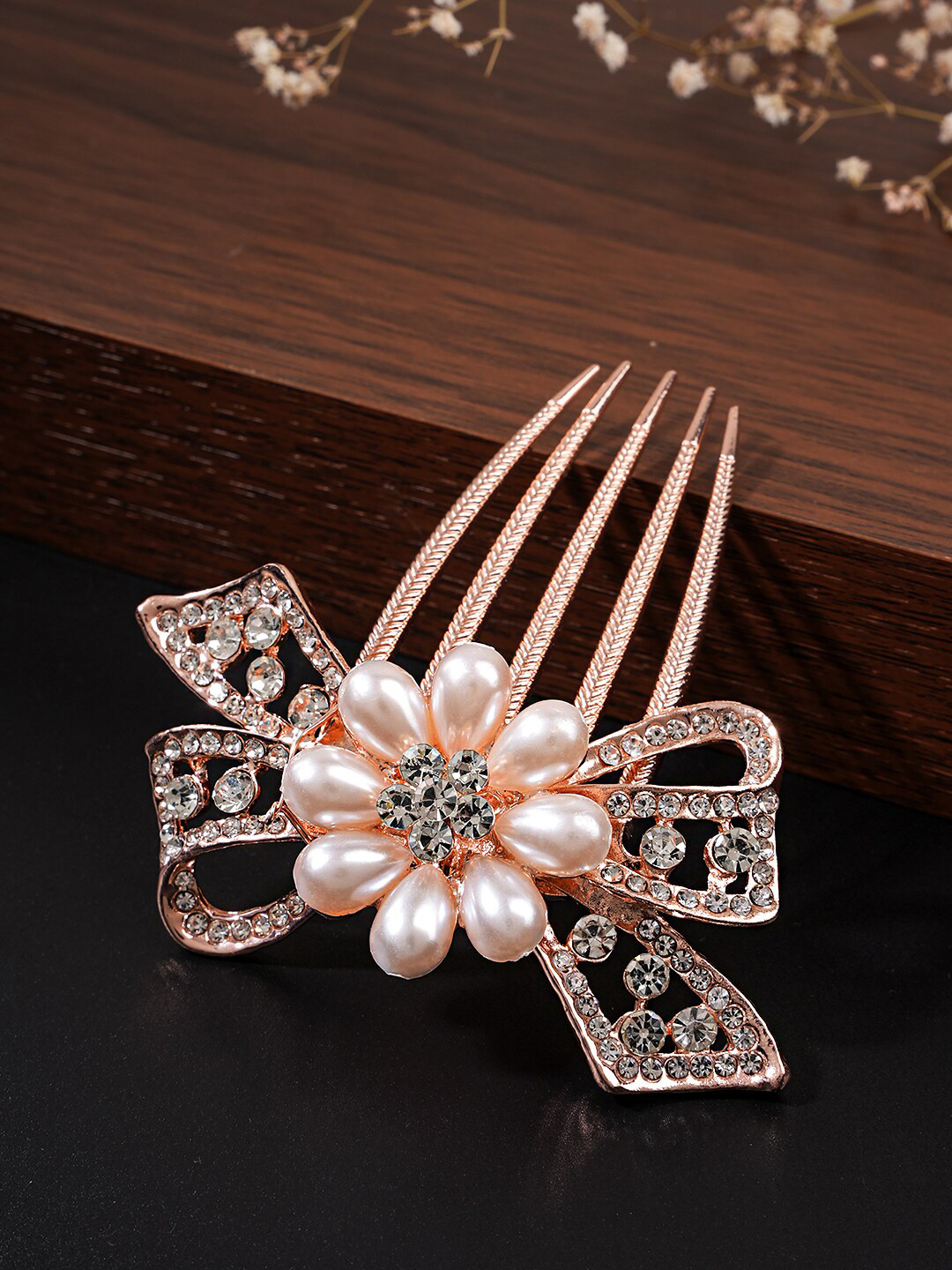 Yellow Chimes Women Rose Gold & Pink Beaded Comb Pin