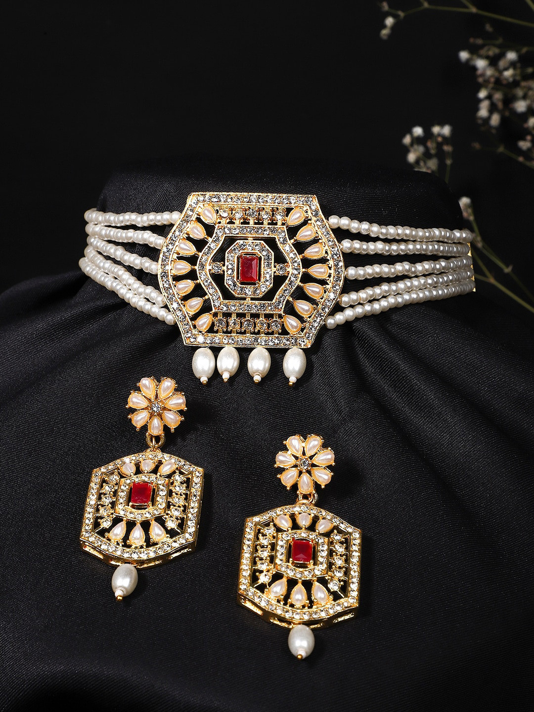 Yellow Chimes Gold-Plated Layered Mothi Choker Jewellery Set