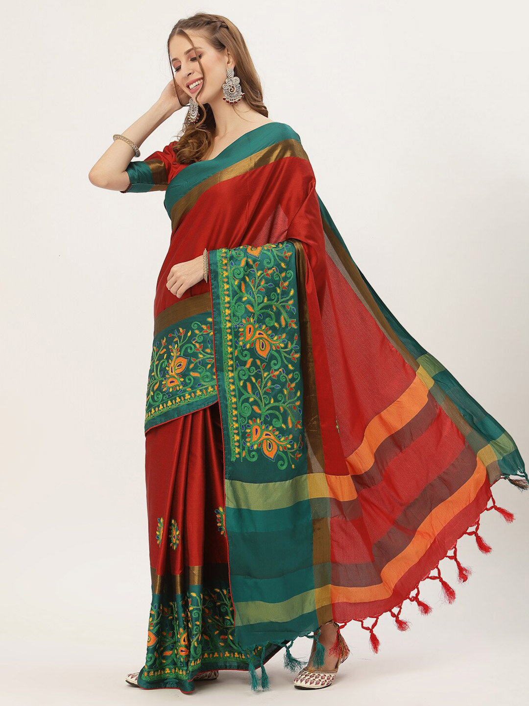 SERONA FABRICS Red & Green Floral Embroidered Silk Cotton Saree